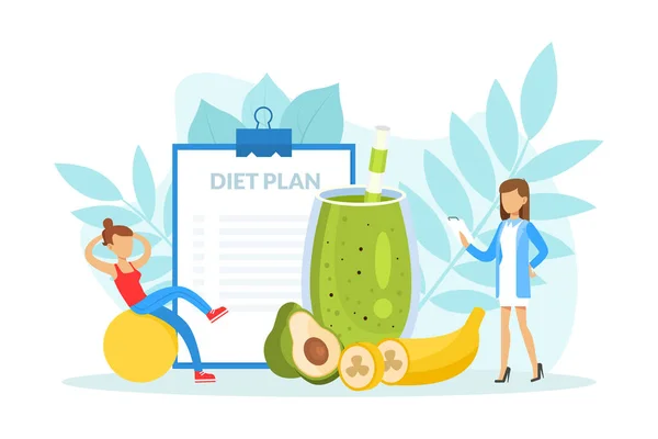 Nutrición y dieta saludables, Nutricionista femenina que sostiene el portapapeles con el plan de dieta, pérdida de peso, consulta nutricional ilustración vectorial — Vector de stock