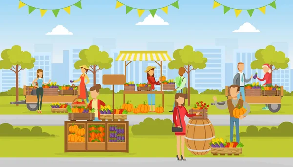 Farmers Organic Market, Pessoas que vendem Eco Natural Fruits and Vegetables Vector Ilustração — Vetor de Stock