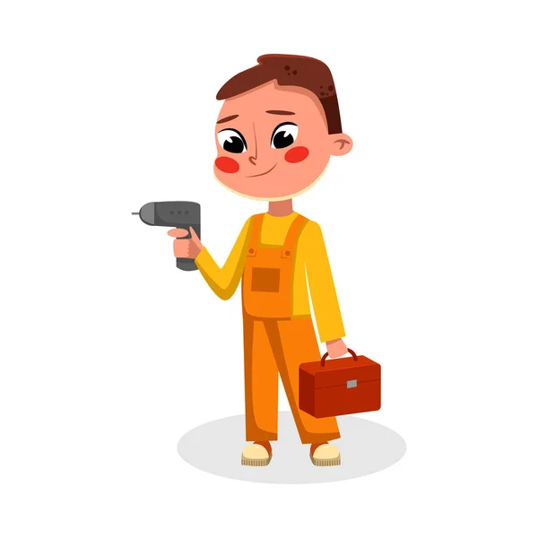 Boy Construction Worker Karakter fúró, aranyos kis építész Karakter viselése overál kalap szakmai eszközök Rajzfilm stílus vektor illusztráció — Stock Vector