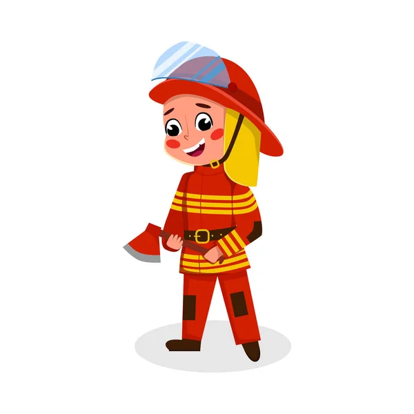 Personagem de bombeiro bonito menino em uniforme com machado em suas mãos, crianças Hobby ou futuro conceito de profissão Desenhos animados estilo Vector Ilustração —  Vetores de Stock