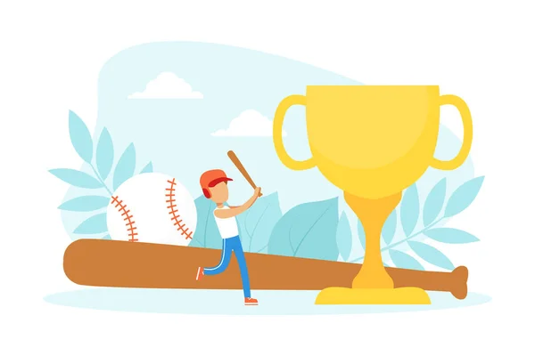 Menino minúsculo jogador de beisebol personagem com enorme morcego e vencedor Cup Cartoon Vector Ilustração —  Vetores de Stock