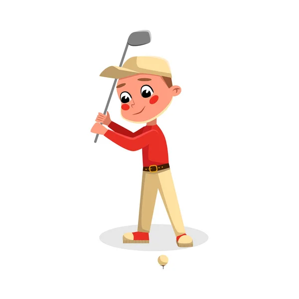 Netter Junge, der Golf spielt, Kind, das Sportspiel praktiziert, körperliche Bewegung macht, aktives gesundes Lebensstilkonzept Cartoon Style Vector Illustration — Stockvektor