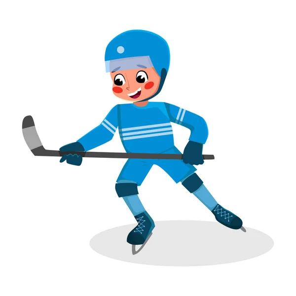 Chico jugando al hockey, Kid practicando juego de deportes, haciendo ejercicio físico, concepto de estilo de vida saludable activo Dibujos animados Estilo Vector Ilustración — Vector de stock