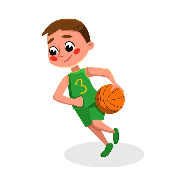 少年はバスケットボールをプレイ,子供はスポーツゲームを練習,体操を行う,アクティブな健康的なライフスタイルのコンセプト漫画のスタイルベクトルイラスト — ストックベクタ