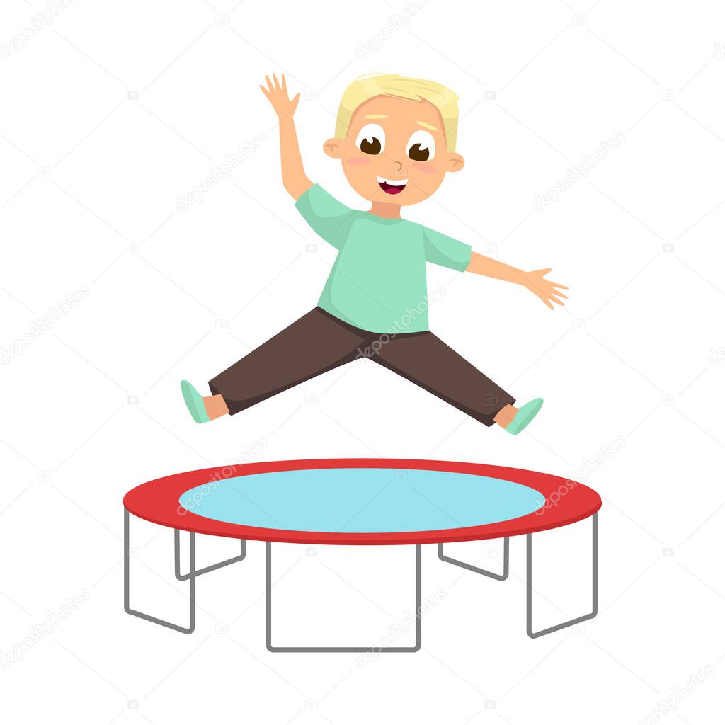 Boy Jumping on Trampoline, Kid Having Fun on Playground Cartoon Style Vector Illustration