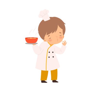 Bir kâse Lezzetli Yemeği, Mutfakta Üniformalı Aşçı Karakterini, Çizgi Film Tarzı Vektör İllüstrasyonuyla Şirin Çocuk