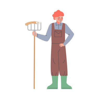 Pitchfork 'lu Erkek Çiftçi, Tarım İşçisi Tulumlu Erkek Bahçıvan Karakteri Çiftlik, Eko Tarım Konsepti Çizgi Film Tarzı Vektör İlülasyonu