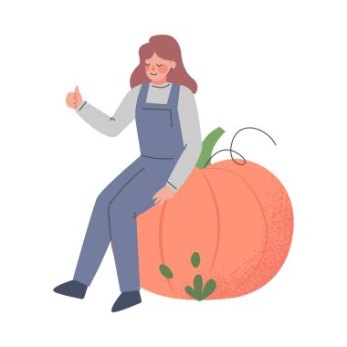 Dev Balkabağı Üzerine Oturan Kadın Çiftçi, Tarım İşçisi Tulumlu Kadın Karakteri, Çiftlikte Çalışan, Eko Tarım Konsepti Çizgi Film Tarzı Vektör İlülasyonu