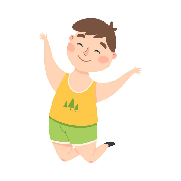 Cute Little Boy Happily Jumping, Joyful Kid Having Fun Cartoon Style Vector Illustration — Stock Vector