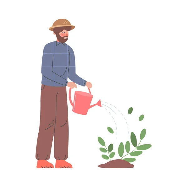 Homem agricultor com regador pode, Personagem trabalhador agrícola masculino trabalhando no jardim, Eco Farming Conceito Desenhos animados Estilo Vetor Ilustração —  Vetores de Stock