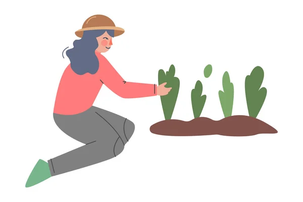 Mulher agricultor cuidando de plantas, Feminino Agrícola Trabalhador Jardineiro Personagem Trabalhando no Jardim, Eco Farming Conceito Desenhos Animados Estilo Vetor Ilustração — Vetor de Stock