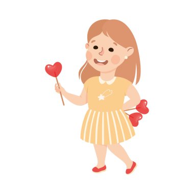 Sevimli Kız Lolipopu, Aşk Duyguları Sembollü Sevimli Çocuk Karakteri, Sevgililer Gününüz Kutlu olsun Çizgi Roman Vektör İllüstrasyonu