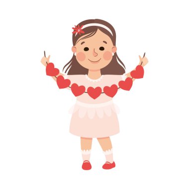 Kalplerin Şeklinde Şirin Kız Tutma Partisi Bayrakları, Romantizm Duyguları Sembollü Sevimli Çocuk Karakteri, Sevgililer Gününüz Kutlu olsun Çizgi Roman Vektörü İllüzyonu