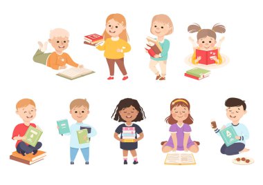 Mutlu Küçük Çocuklar Kitap Seti, Okul Öncesi Çocuklar Edebiyatı Seviyor, Çocuk Eğitim Konsepti Çizgi Film Stili Resimleri