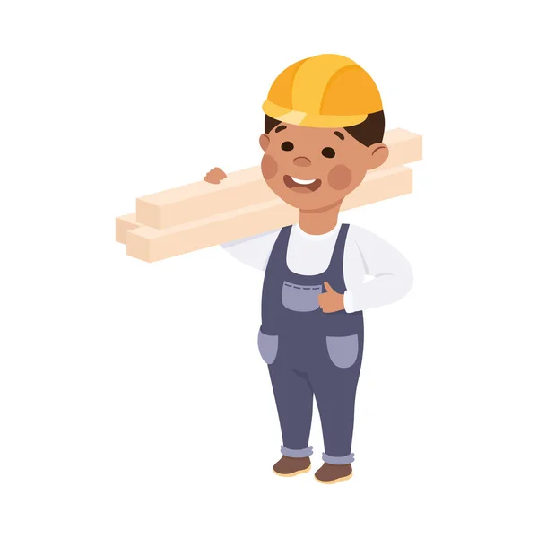 Cute Builder Carry Planks, Little Boy in Hard Hat and Blue Overalls with Construction Tools Cartoon Style Vector Illustration — стоковий вектор