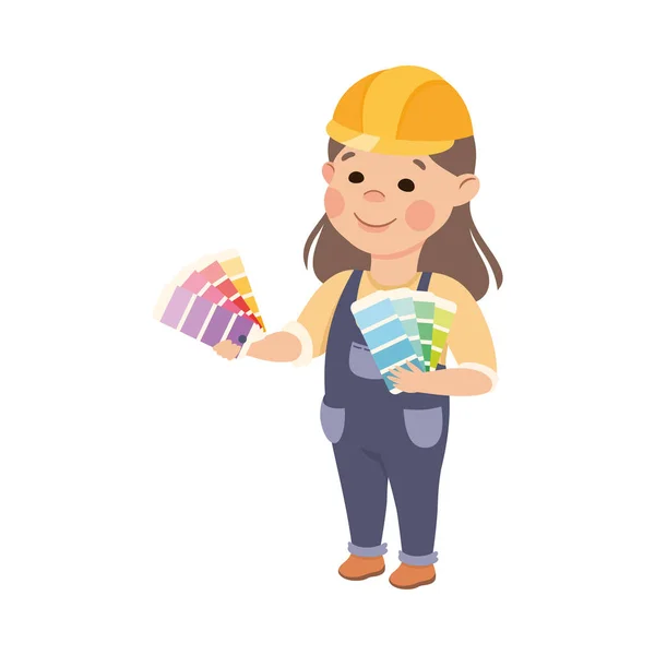 Roztomilý Builder a Fan Color Palette, Malá dívka malíř postava v tvrdé čepici a modré kombinézy s konstrukčními nástroji Cartoon Style Vector Illustration — Stockový vektor