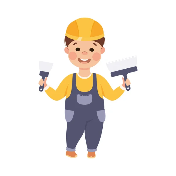 Cute Builder with Brush and Trowel, Little Boy Plasterer Character in Hard Hat and Blue Overalls with Construction Tools Cartoon Style Vector Illustration — Stock Vector