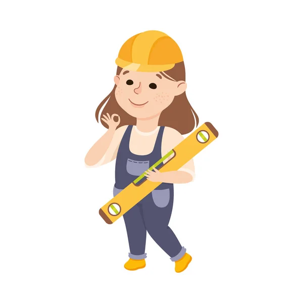 Cute Builder with Bubble Level Tool, Little Girl in Hard Hat and Blue Overalls with Construction Tools Cartoon Style Vector Illustration — Stock Vector