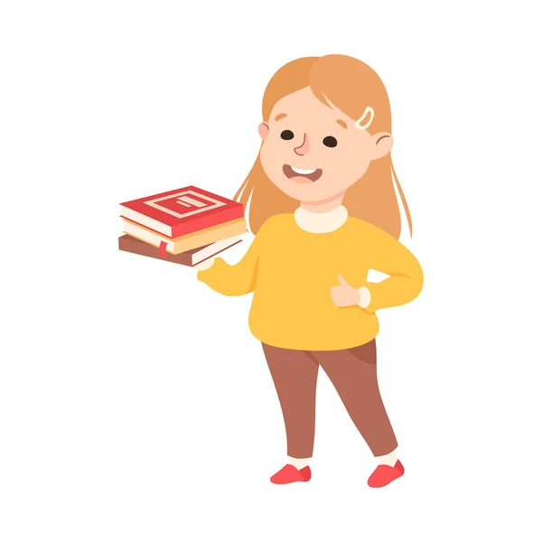 Schattig klein meisje Holding stapel boeken, kleuterschool meisje lezen boeken en genieten van literatuur, kinderen onderwijs concept cartoon stijl vector illustratie — Stockvector