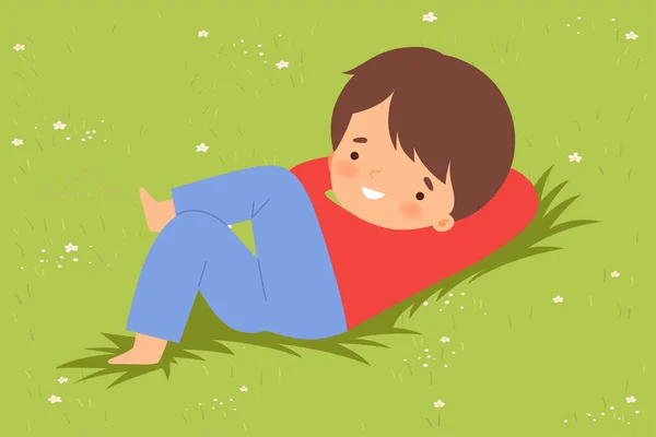 Cute Boy Lying Down on Green Lawn, Kid Lying on Grass Dreamily Looking into Sky Cartoon Vector Illustration — Stock Illustration Cute Boy Lying Down on Green Lawn, Kid Lying on Grass Dreamily Looking into Sky Cartoon Vector Illustration Royalty Free Stock Vectors