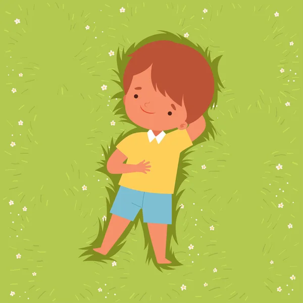 Top View of Adorable Boy Lying Down on Green Lawn, Lovely Kid Lying on Grass Dreamily Looking into Sky Cartoon Vector Illustration — Stock Illustration Top View of Adorable Boy Lying Down on Green Lawn, Lovely Kid Lying on Grass Dreamily Looking into Sky Cartoon Vector Illustration Stock Illustration