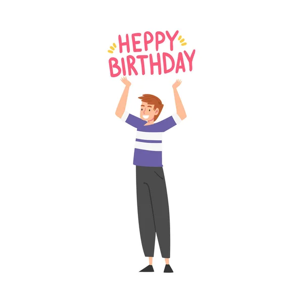 Ragazzo gioioso con felice compleanno Lettering, persona felice con simboli di festa stile cartone animato vettoriale Illustrazione — Vettoriale Stock