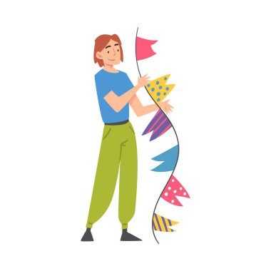 Parti Bayraklı Neşeli Adam, Bayram Sembollü Mutlu Genç Adam, Mutlu Yıllar Çizgi Film Modeli Şekil Gösterimi