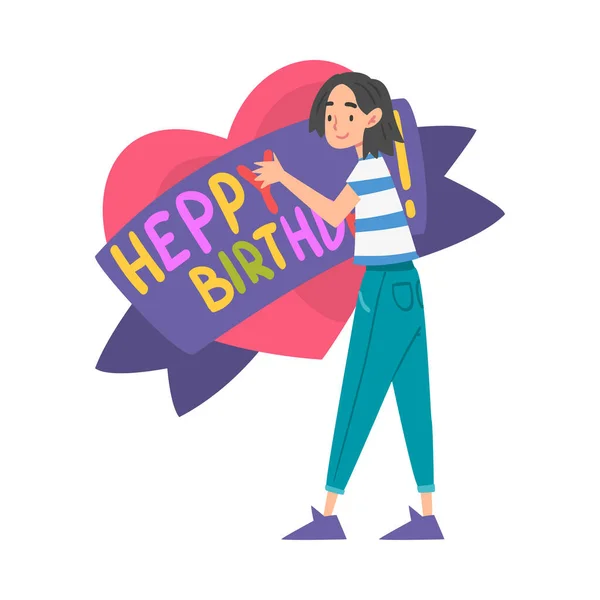 Gioioso ragazza holding enorme cuore con felice compleanno lettering cartone animato stile vettoriale illustrazione — Vettoriale Stock