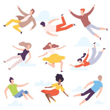 Air Vector Illustration Set 'inde Uçan ve Yüzen İnsanlar Karakterleri