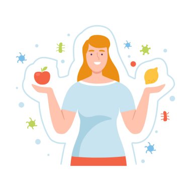 Genç Kadın Karakteri Vitaminik Meyve Vektörü İllüstrasyonu