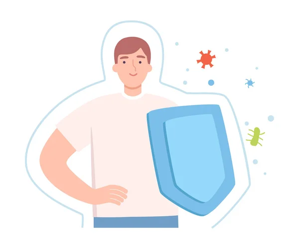 Uomo sano con scudo circondato da barriera invisibile per attacco batterico illustrazione vettoriale — Vettoriale Stock