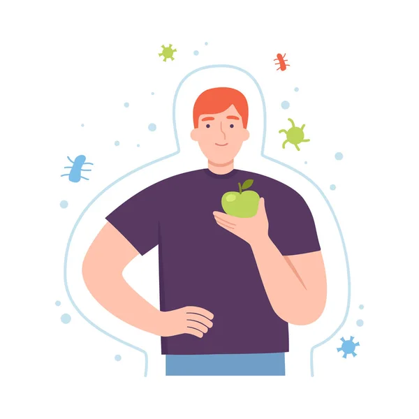 Uomo sano Circondato da barriera invisibile per attacco batterico mangiare Apple Vector Illustrazione — Vettoriale Stock