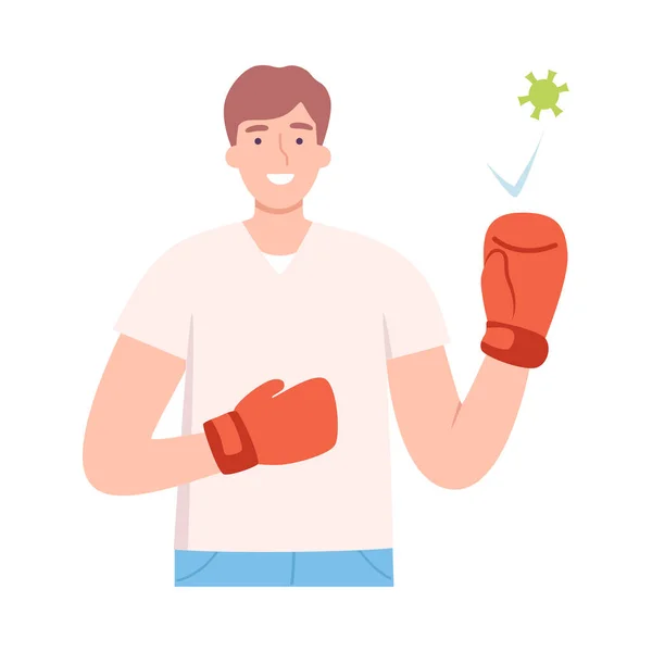 Young Male Character Wearing Boxing Gloves for Fighting with Pathogen and Germs Vector Illustration — Stock Vector