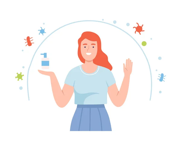 Gesunde weibliche Figur mit unsichtbarem bakteriellen Schutz, der Sanitizer Bottle Vector Illustration hält — Stockvektor