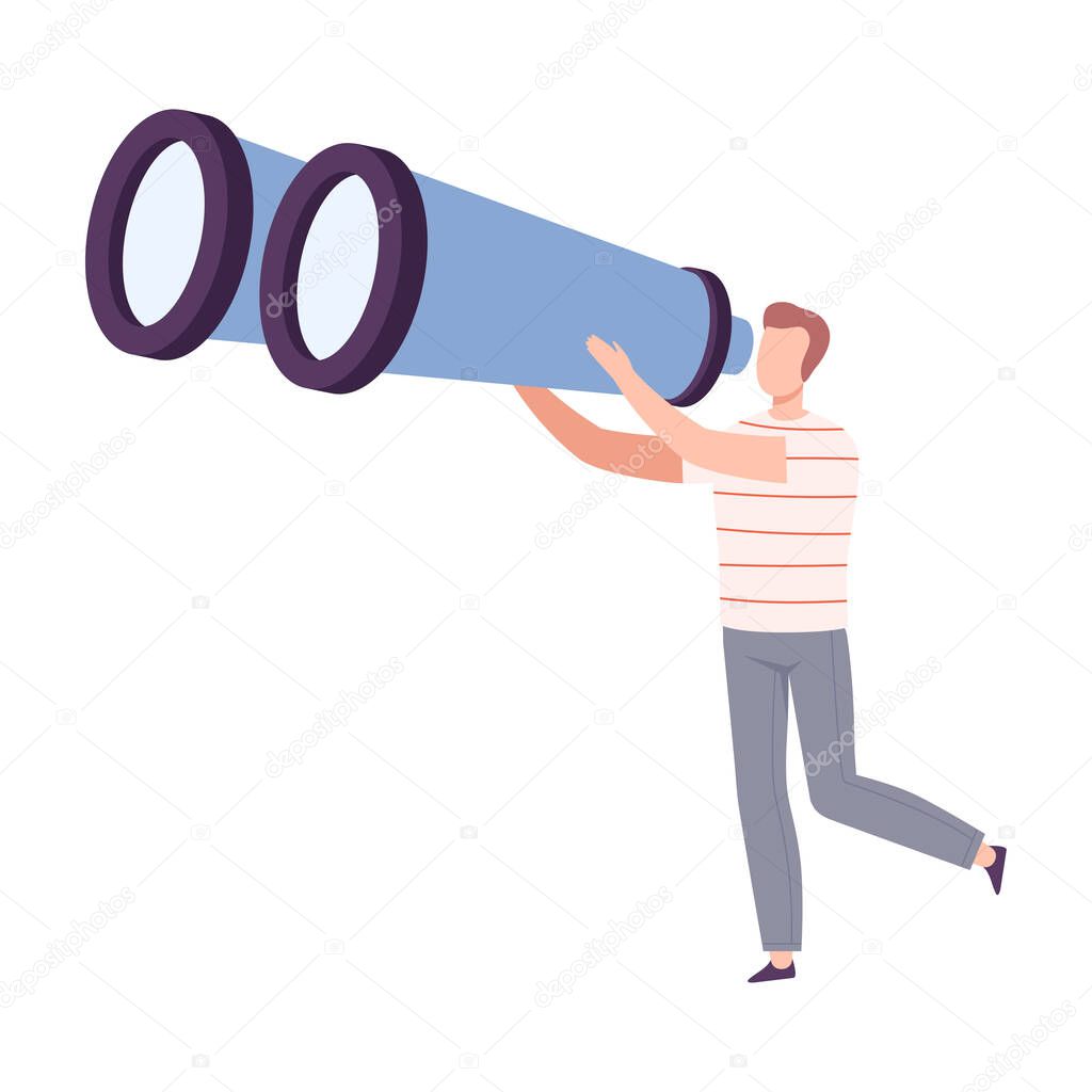 Young Male Holding Huge Binocular Searching and Investigating Vector Illustration