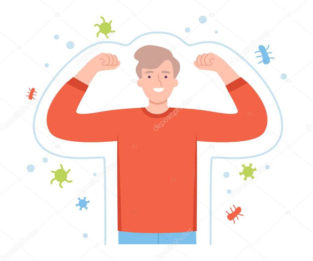 Healthy Man Surrounded by Invisible Barrier for Bacterial Attack Vector Illustration