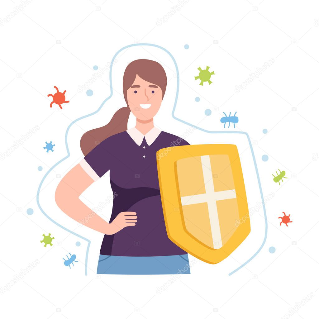 Young Female Character Holding Shield as Symbol of Strong Immune Resistance to Bacterial Attack Vector Illustration