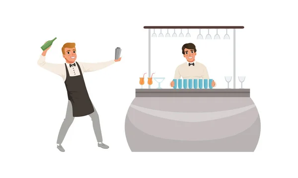 Man Bartender Standing at the Bar Counter Mixing and Shaking Alcoholic Cocktails Vector Illustration Set — Stock Vector