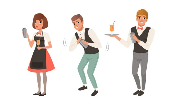 Barman Hombre y mujer personaje con corbata de lazo sacudiendo bebidas alcohólicas conjunto de vectores — Vector de stock