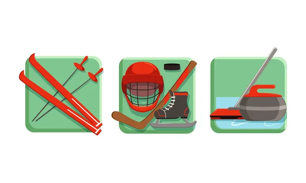 Sport Game Icons with Ski and Ice Hockey Equipment Vector Set — стоковий вектор