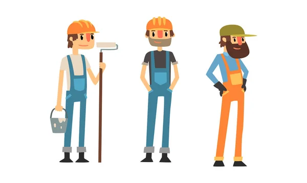 Man Builder Draag Jumpsuit en Helm Vector Illustratie Set — Stockvector