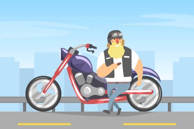 Motorsikletinin yanında duran sarışın sakallı ve sigara içen acımasız bisikletçi illüstrasyonu