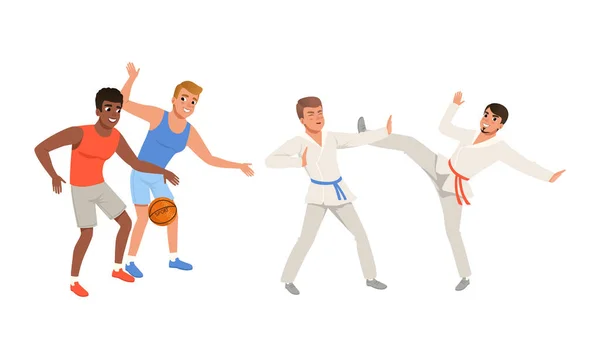 Sportowy mężczyzna zaangażowany w karate bitwy i koszykówki gry wektor ilustracji zestaw — Wektor stockowy