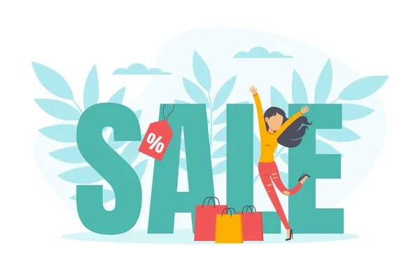 Vrouw springen met vreugde vanwege Deep Discount en Sale Vector Illustratie — Stockvector
