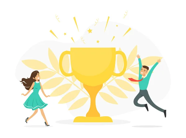 Young Man and Woman Cheering About Golden Cup Competition Award Vector Illustration - Stok Vektor