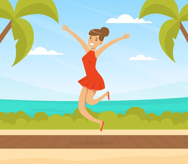 Happy Woman Jumping with Joy Because of Having Vector Illustration - Stok Vektor