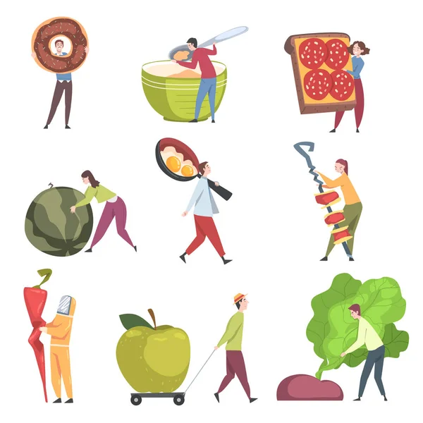 Kleine Menschen Charaktere, die Lebensmittel wie Donut und Sandwich Vector Illustration Set halten und transportieren — Stockvektor
