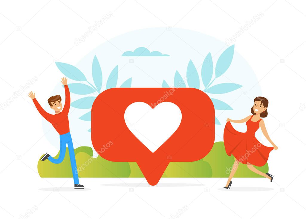 Male and Female Feeling Love and Affection Dancing with Heart Sign and Floral Leaf at Backdrop Vector Illustration