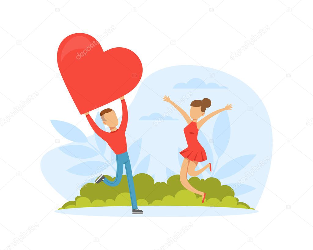 Male and Female Feeling Love and Affection Holding Heart and Jumping with Joy Vector Illustration