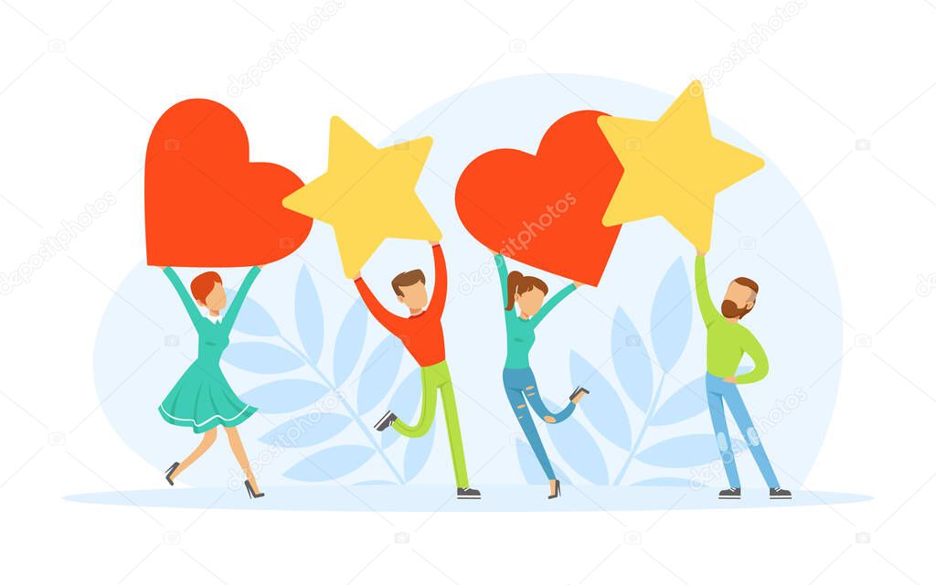 Group of People Characters Holding Star and Heart and Jumping with Joy Vector Illustration